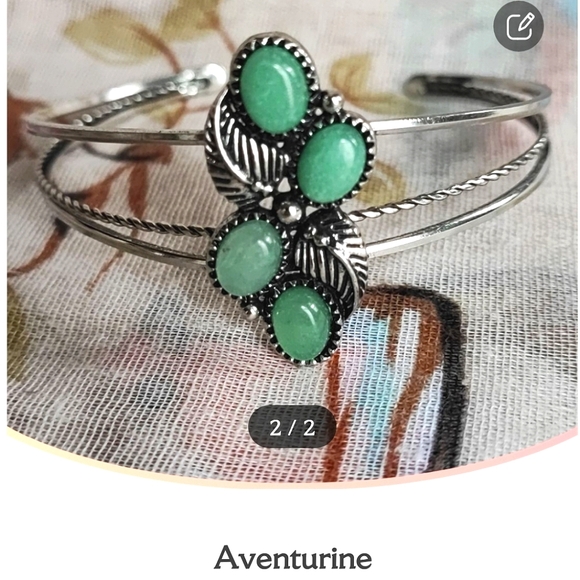 Vintage Adventurine Silver Tone Leaves Cuff Bracelet Light Green Oval Stones - Picture 10 of 12